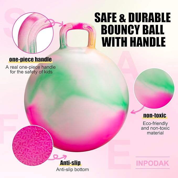 INPODAK Hopper Ball 18 Inch Bouncy Ball with Handle for Kids, Hippity Hop Jumping Bouncer Hopping Toy for Boys and Girls Ages 3-6 with Pump and Gift Box for Birthday