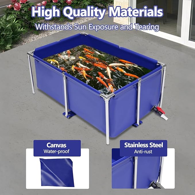 Foldable Canvas Fish Pond, 47x31x19inch Portable Aquarium Fish Water Tank Koi Breeding Pond with Drain Valve, Indoor Outdoor Wterproof Aquaculture Pool Pond for Fish Farming, Aquatic Products