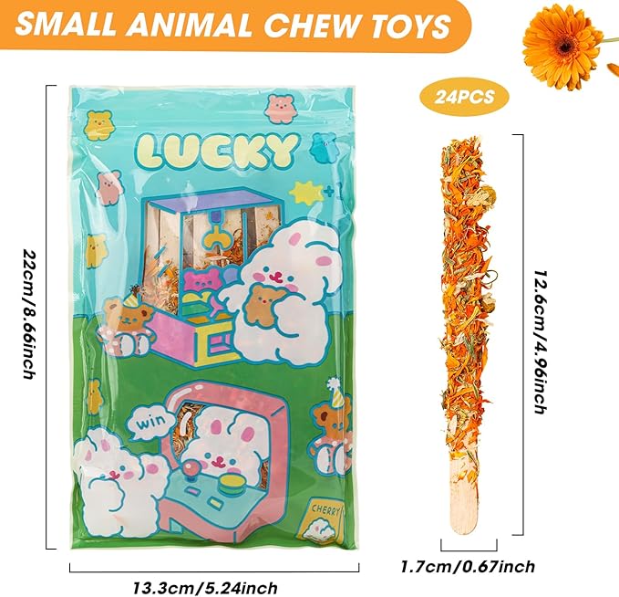 Abizoo Bunny Chew Toys for Teeth, Natural Chamomile Wooden Chew Sticks for Guinea Pigs, Rabbits & Small Animals - Safe Chew Toys for Teeth Grinding, Dental Care