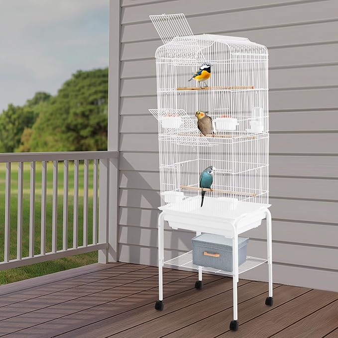 Freestanding Bird Cage Large Bird Cage with 4 Feeding Bowls & Waterer & 4 Universal Wheels & 2*Brake & Storage Rack & Slide-Out Tray & Mesh Panel Budgie Aviary for Balconies, in Homes, Shop（White）