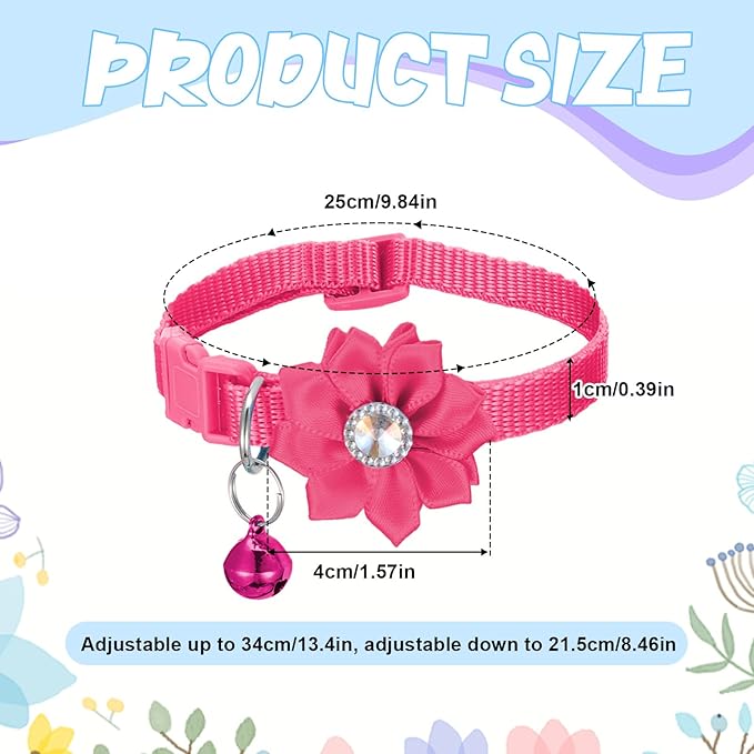 6 PCS Cute Cat Collar Breakaway with Bell, Adjustable Flower Girl Cat Collars, Rhinestone Kitten Collar Breakaway with Bells, Solid Color Cats Bell Collars, 6 Colors