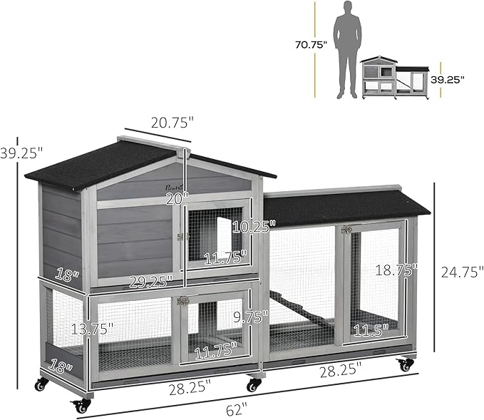 PawHut 62" Rabbit Hutch, Wooden Bunny Hutch, Guinea Pig Cage, Small Animal Enclosure with Wheels, Run Area, Removable Tray, Asphalt Roof, Lockable Doors and Ramp, for Rabbits, Chickens, Ducks, Gray