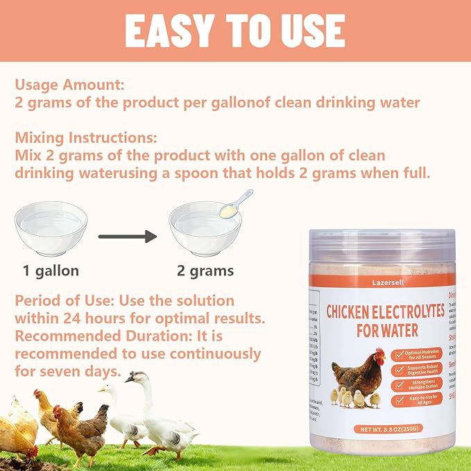 Chicken Electrolyte for Water, Ideal for Hydration, Immunity, Digestive Health, Chicken Vitamins, Electrolytes, and Probiotics, Multipurpose Poultry Vitamins for Chickens, Ducks, Turkeys, 8.8 OZ