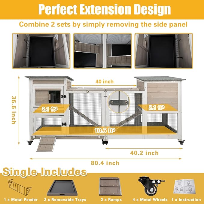 40" L Rabbit Hutch Indoor Wooden Bunny Hutch Outdoor 2 Story Rabbit Cage on Metal Wheels with Run and 2 Deeper Pull Out Trays Guinea Pig Pet House for Small Animals