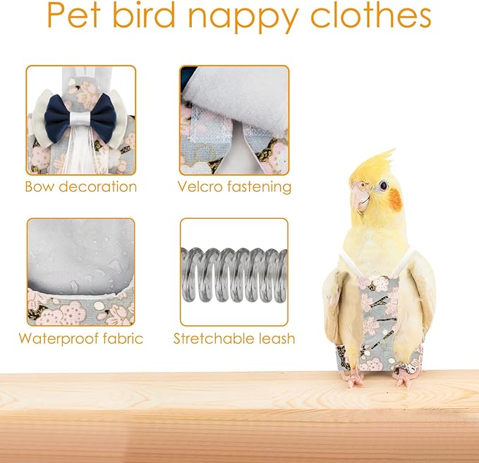 Bird Diaper Flight Suite Liners with Flying Leash, Protective Parrot Nappy with Waterproof Inner Layer, Leak-Proof Pet Bird Clothes for Parrots, Conures, Chick, Ducks