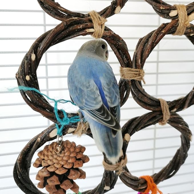 Circle Straw Bird Swing Stand Bird Perches Stand Hanging Chewing Toy for Parrots Bird Playground Cage Accessories Climbing Rope Net Ladders for Foraging Toys（Random Color） (4 Rings)