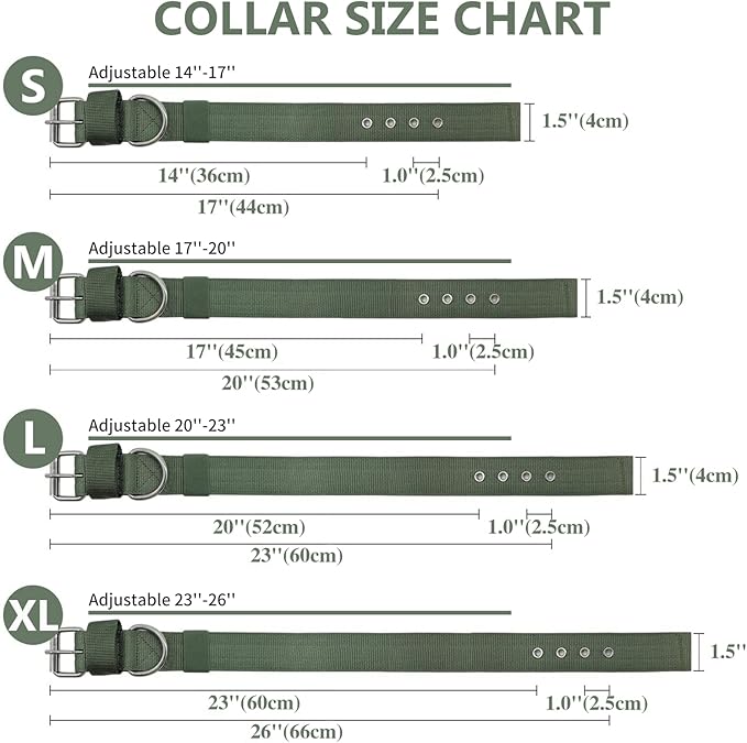 Heavy Duty Tactical Dog Collar - 1.5" Width Military Durable Thick Nylon with Adjustable Metal D Ring & Buckle Working Training K9 Collar for Medium Large Dogs (M(17"-20"), Army Green)