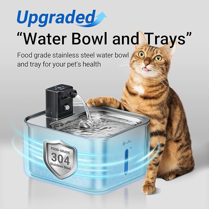 DownyPaws Cat Water Fountain Stainless Steel Wireless, 101 oz/3L FurSink Cordless Water Fountain for Cats, Battery Operated Cat Fountains for Drinking with Motion Sensor, Easy Clean, Metal