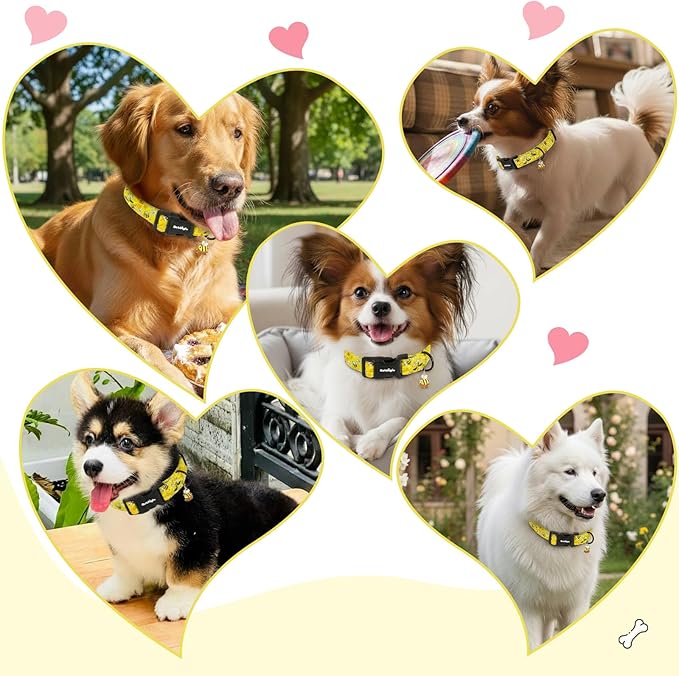 Yellow Dog Collar for Large Dogs, Spring & Summer Theme Large Dog Collars Featuring Bee Pollinating White Flowers Pattern, Adjustable Cotton Collar for Girl Boy Dogs -L