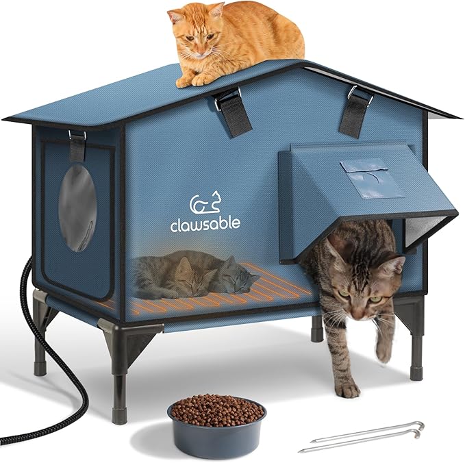 Upgraded Heated Cat House for Outside Escape Door, Highly Insulated Heated Outdoor Cat House Waterproof Awning, Weatherproof Outdoor Feral Cat Shelter for Stray Winter