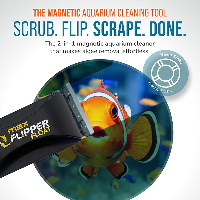 FLIPPER Max Magnetic Aquarium Cleaner – 2-in-1 Flip Scrubber and Scraper, Floating Design for Cleaning Hard-to-Reach Algae and Debris on Glass and Acrylic Tanks up to 3/4"