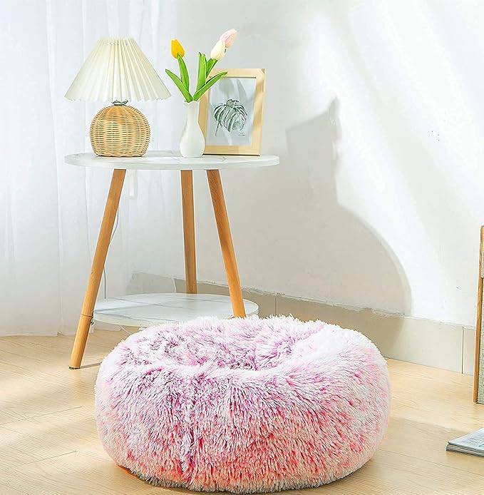 Dog Bed Large, Soft Round Cuddler Dog Beds Fluffy Plush Faux Fur Pet Beds, Anit-Anxiety Self-Warming Comfy (28", Dark Pink)