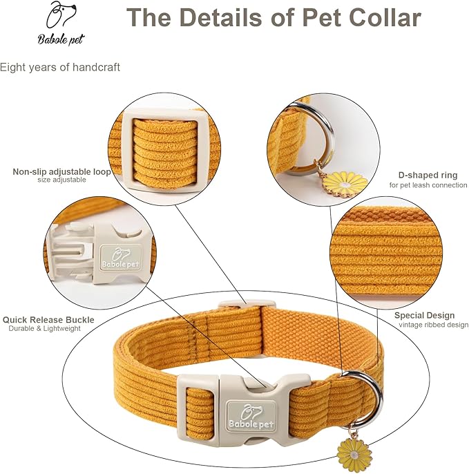 Cute Corduroy Dog Collar - Mustard Yellow Adjustable Dog Collars for Large Dogs 50-80lbs, Fade-Proof with Secure Snap & Little Charm, Christmas Birthday Gift, L