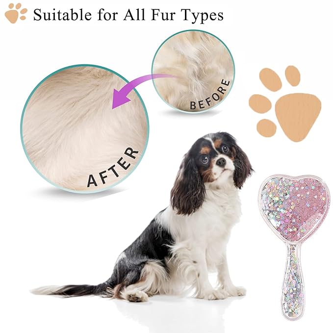 Small Dog Brush, Soft Brush for Shih Tzus, Yorkies, Maltipoos, Maltese, Love Shape Puppy Massaging Hair Comb for Small Dogs Cats Rabbits of All Hair Types (Glitter Pink)