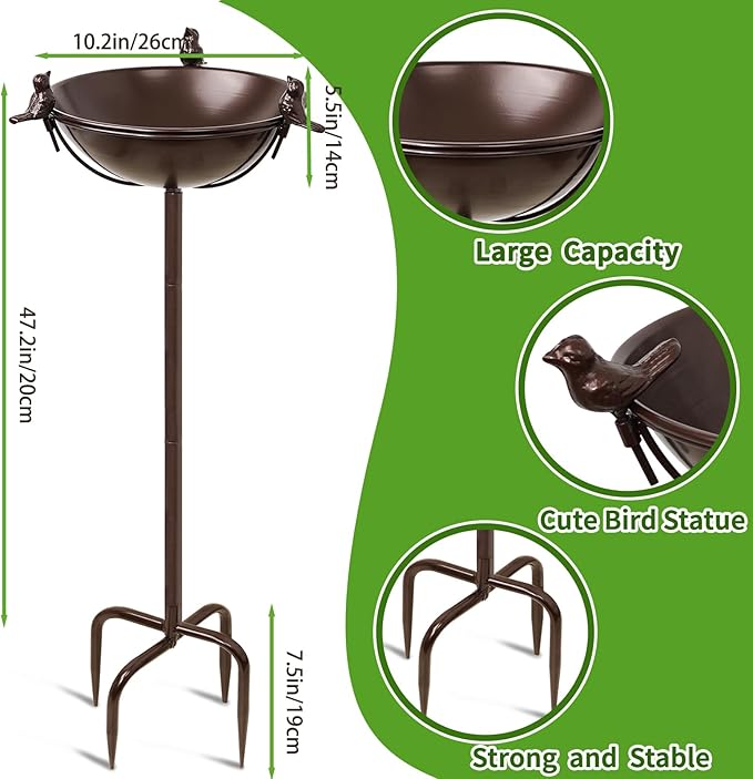 Freestanding Birdbaths Bowl Outdoor, Standing Garden Bird Bath Feeder Bowl with 3 Bird Statues, Birdbath & Birdfeeder with Metal Stake Garden Yard Lawn Decor (Brown)
