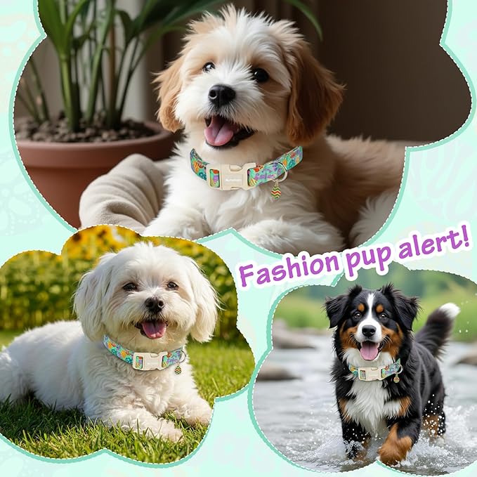 Easter Dog Collar for Extra Small Dogs, Adjustable Green Small Dog Collar with Colorful Eggs Pattern, Cute Easter Dog Collars Girl Boy Collar for Dogs -XS