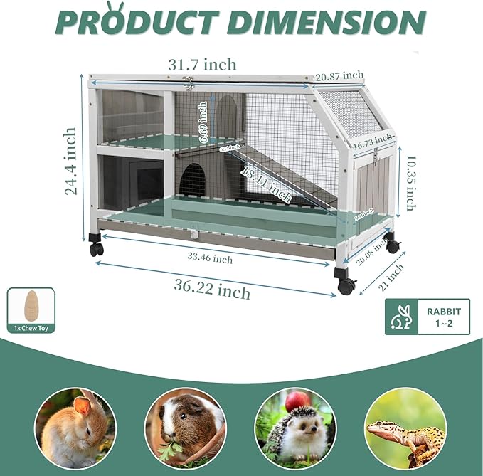 Indoor Rabbit Hutch - 36''L Outdoor Wooden Bunny Hutch with Wheels Rabbit Cage Guinea Pig Cages Removable Pull Out Tray, Ramp, Hideout, Small Animals Pet House Hamster Ferret for Bunny Cage