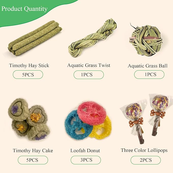 Rabbit Chew Toys for Teeth, 16PCS Natural Timothy Hay Chew Toy, Improve Dental Health for Bunny/Chinchilla/Guinea Pig/Hamsters/Holland Lop, Small Rodent Pet Molar Teeth Treats Toys