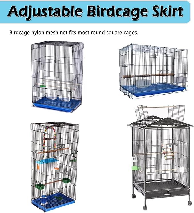 ASOCEA Large Bird Cage Seed Cather,Bird Cage Cover Adjustable Soft Airy Skirt Guard Birdcage Nylon Mesh Net for Parrot Parakeet Macaw African Round Square Cages Cover (78.5 * 27.6in-White)