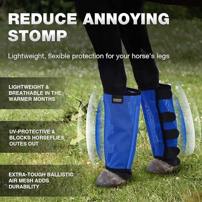 Harrison Howard Loose-Fitting Horse Fly Leggings Breathable, Tear-Resistant Fine Mesh Leg Guards Stay-on Comfortable Fly Boots (Set of 4) Blue Small