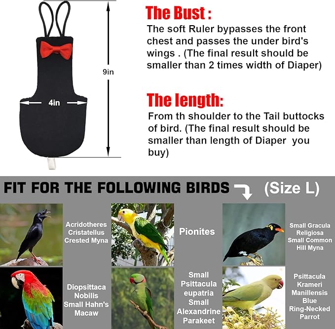 Bird Diaper Washable Reusable Parrot Flight Suit Nappies Protective Breathable Parrot Nappy Clothes for Parakeet, Macaw, Budgie, Canary, Cockatiel (Black, Large)