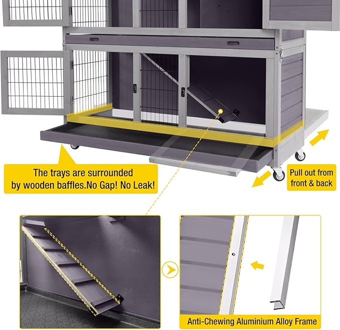Aivituvin Rabbit Hutch Indoor Folding Bunny Cage on Wheels Outdoor Movable Guinea Pig Houses with No Leakage Pull Out Tray
