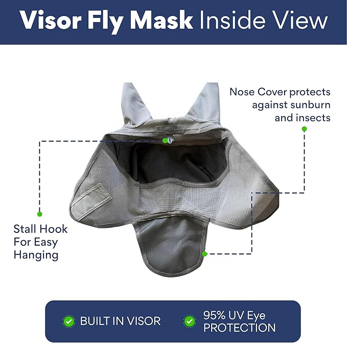 Horse Fly Mask with Nose Cover and Ears - 95% UV Eye Protection - Built-in Visor - Breathable, Lightweight Mask - Adjustable Fit for Comfort Horse Medium/Large Size