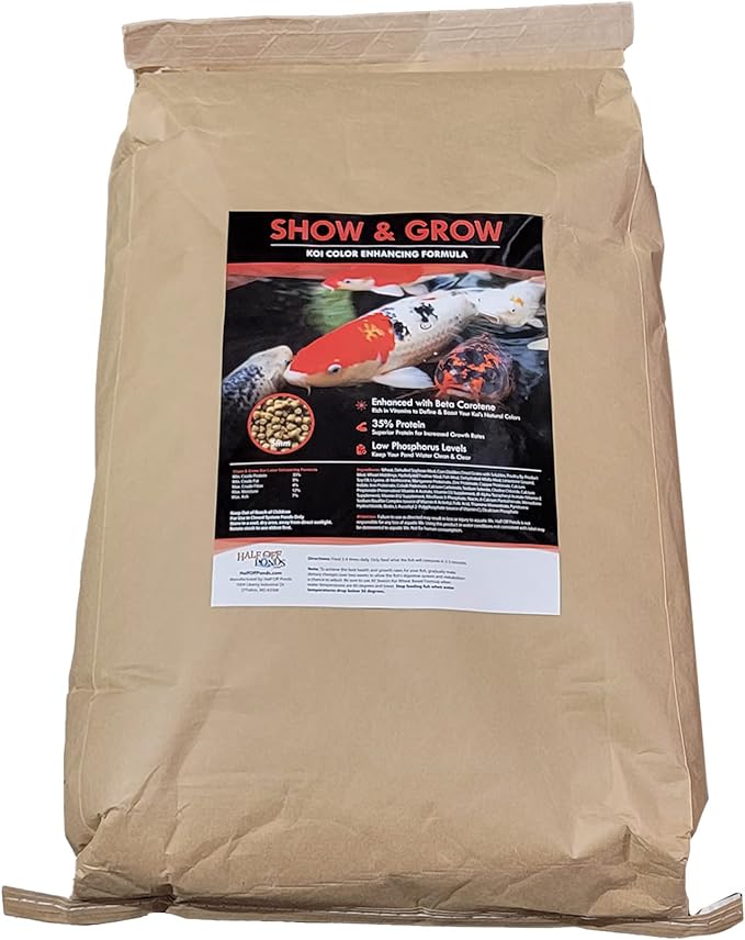 HALF OFF PONDS Show & Grow Koi Fish Food - 50 lb Floating Pellets, 5mm Size - Goldfish Food for Ponds - 35% Protein with Beta Carotene & Vitamins - Enhances Color Vibrancy & Body Definition