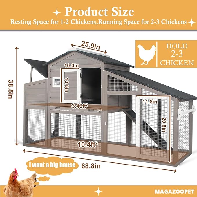 Chicken Coop with Wheels, Weatherproof Outdoor Chicken Hen Houses with Run, 2 Story Wooden Poultry Coops Rabbit Hutch for 2-3 Chickens Bunny with Leakproof Tray, Nesting Boxes, Ramp