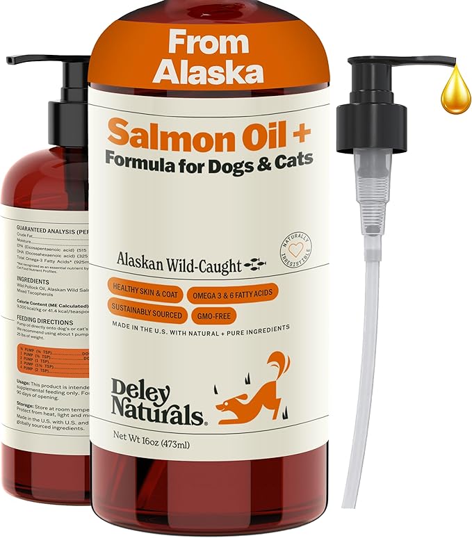 Deley Naturals Wild Alaskan Salmon Oil for Dogs - New & Improved Salmon Oil Plus Formula - Fish Oil for Dogs with DHA EPA Omega 3 & 6 Fatty Acids - Omega 3 Fish Oil for Skin & Coat - 16oz Made in USA