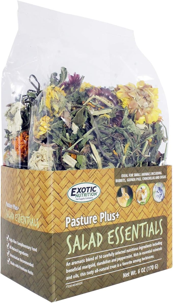 Exotic Nutrition Pasture Plus+ Salad Essentials - Healthy Natural High-Fiber Dried Flower & Herb Treat - Guinea Pigs, Rabbits, Chinchillas, Prairie Dogs, Degus, Hamsters, Gerbils & Other Small Pets