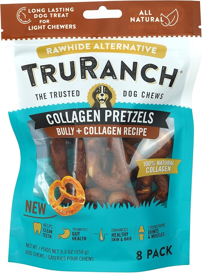 Collagen Pretzels, Bully - Collagen Dog Treats - Long Lasting Healthy Joint Support Dog Treat - Rawhide Alternative - Skin & Coat Health, 1 Bag, 8 Count