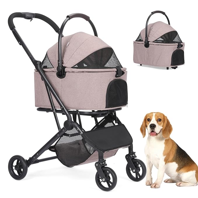 Wdyvko 3 in 1 Dog Stroller, Upgraded Frame, Up to 44lbs Pet Stroller with Dog Poop Bags & Dispenser, Zipperless Entry, Storage Basket & Pouch for Small Dogs Cats (Coffee)