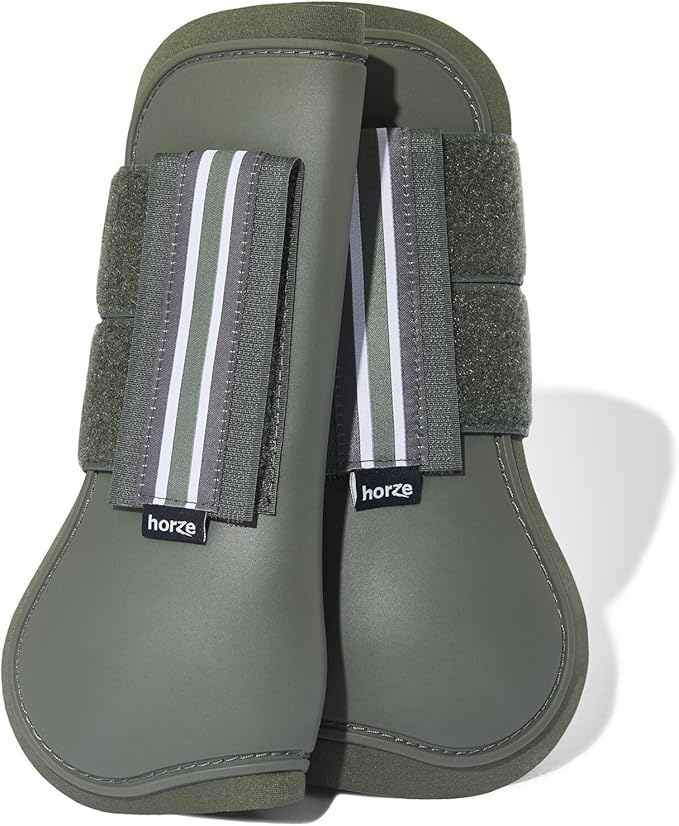 HORZE Adepto Open Front Tendon Boots | Durable Shell with Neoprene Lining - Beetle Khaki Green - Cob