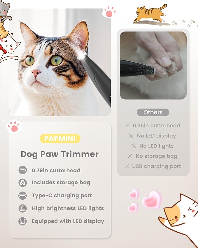 Dog Clippers with LED Display,35dB Ultra-Low Noise Dog Paw Trimmer Shaver, Cordless Hair Trimmer with LED Light,Type-C Rechargeable Cat Clippers for Grooming Paws, Ears, Face, Rump