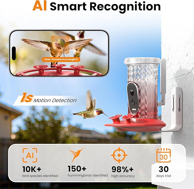 Smart Hummingbird Feeder Camera with AI Identification, 2.5K HD & Color Night Vision, Solar Powered Outdoor, IP66 Weatherproof – Garden Decor & Gift for Bird Lovers