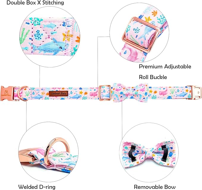 Lionheart glory Dog Bow Collar Sea Animals Print Pink Dog Collar for X-Large Dogs,Female Male Dog Collars with Bowtie Spring Summer Collars Soft Adjustable Pet Collar Bows