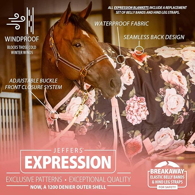 Jeffers Expression 1200 Denier Standard Neck Turnout Blanket, Rose Garden, 78" - Waterproof, Breathable Horse Blanket with 0g Polyfill, No insulation - Ideal Protection for Wind and Rain, Light Weight
