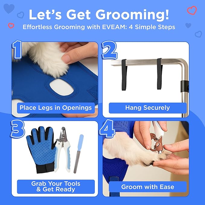 Pet Grooming Hammock for Cats & Small Dogs – Nail Clipping Kit with Sling, Clippers, File, Glove, Straps & Carabiners – Ideal for Trimming & Ear Cleaning – [S/XS] (Blue, Small)