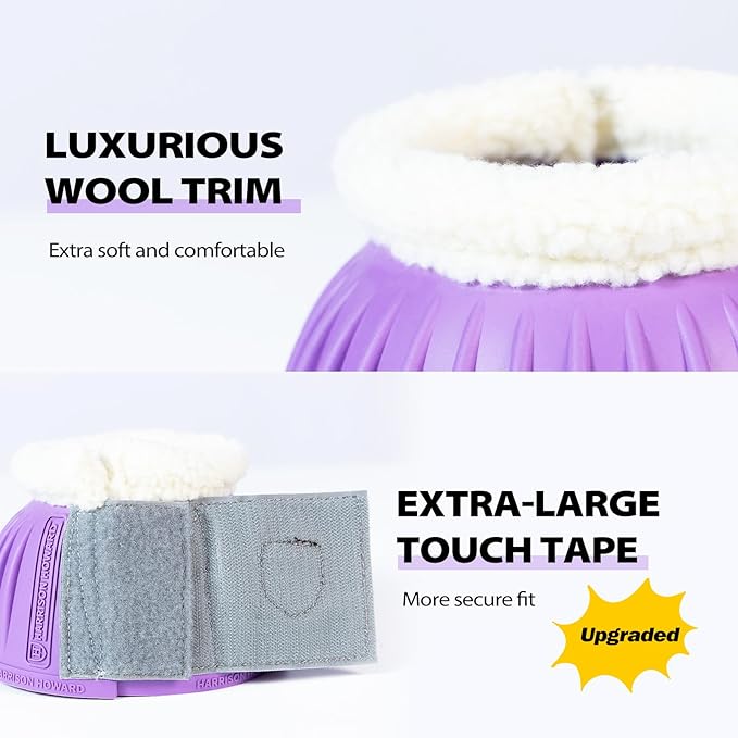 Harrison Howard Rubber Pull-on Bell Boots with Fleece Lining and Extra-Large Leather Touch-Close Tape Hoof Overreach Protection for Horses Sold in Pairs Violet XL