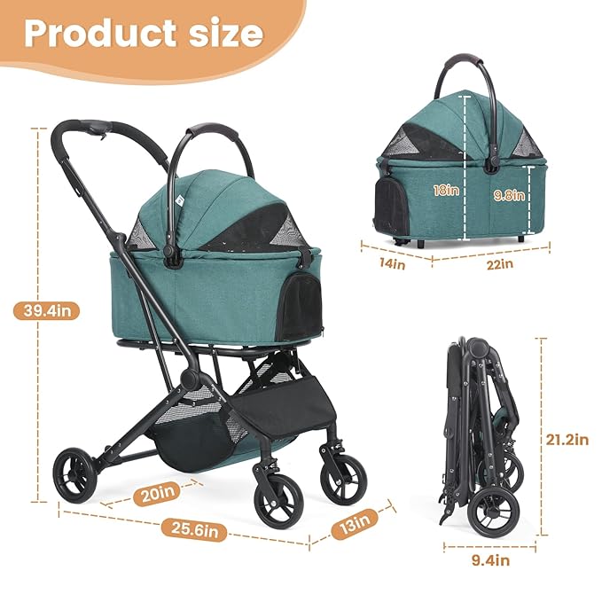Wdyvko 3 in 1 Dog Stroller, Upgraded Frame, Up to 44lbs Pet Stroller with Dog Poop Bags & Dispenser, Zipperless Entry, Storage Basket & Pouch for Small Dogs Cats (Dark Green)