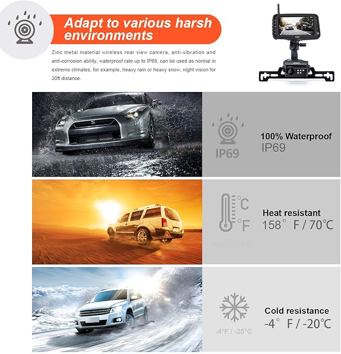 Wireless Backup Camera System, IP69 Waterproof Wireless License Plate Rear View Camera, Night Vision and 4.3 inch Wireless Monitor for Trailer, RV, Trucks, Pickup Trucks, Cargo Vans, etc