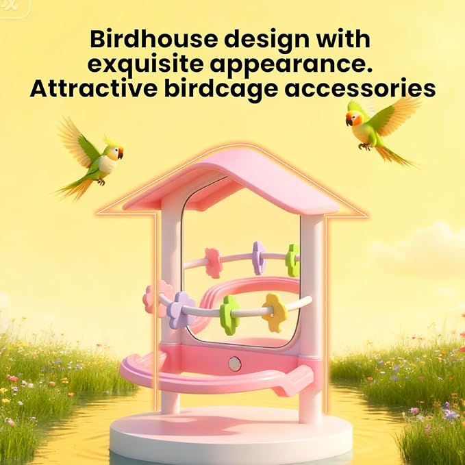 8.1 Inch Pet Bird Mirror with Perch Stand and Parakeet Chew Toys,Parrot Toys Bird Cage Decorative Accessory, Helps Birds Release Stress for Canaries Budgies Lovebirds Conures Cockatiels (Brown)
