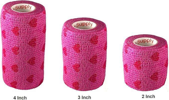 Vet Wrap Wrap Tape (Pink with Hearts) (2 Pack) (3 Inch x 15 feet) Self Adhesive Adherent Adhering Cohesive Flex Self Stick Bandage Grip Roll Dog Cat Pet Horse