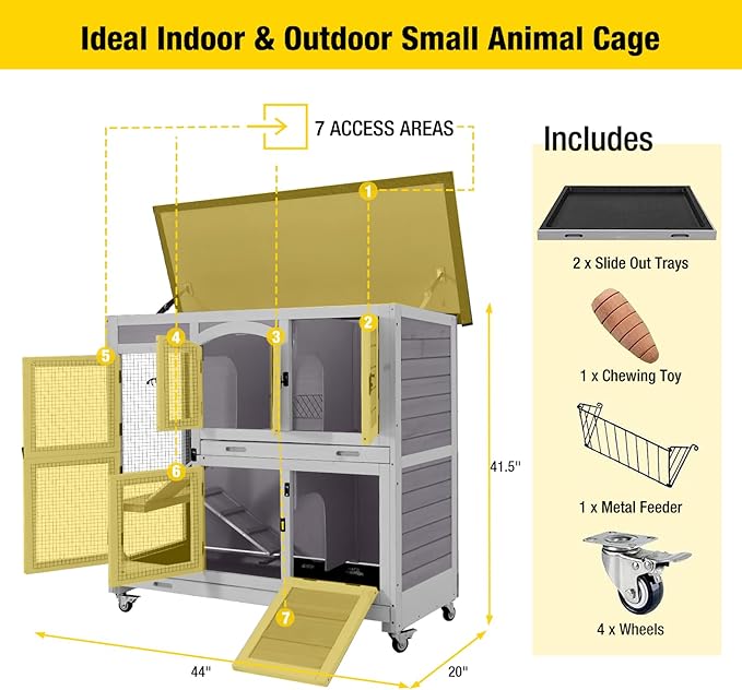 Aivituvin Two Story Rabbit Hutch Bunny Cage with Wheels, Indoor Outdoor Guinea Pig Cage with 2 Deep No Leak Tray