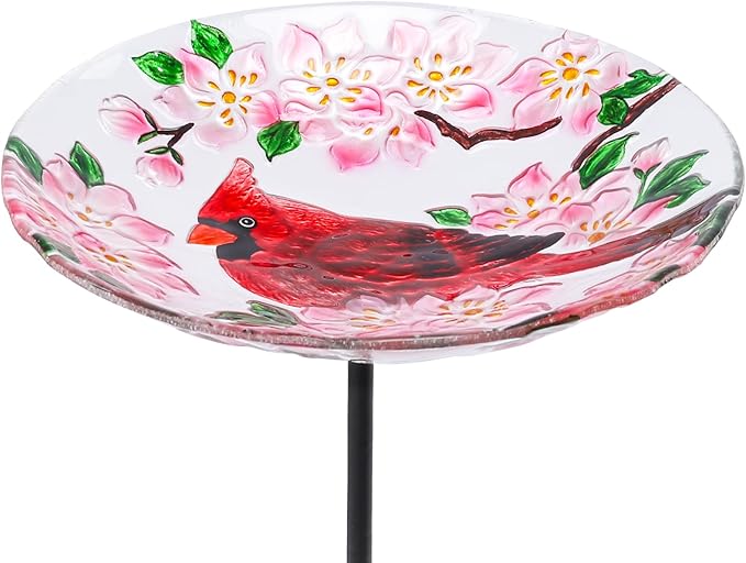 MUMTOP Glass Bird Baths for Outdoors-Outdoor Bird Bath Bowl- Cardinal and Flower Birdbaths Yard Stake, Bird Feeders for Outside, Garden, Patio, Lawn Decor