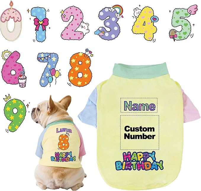 Custom Dog Birthday Shirt,Personalized Pet Apparel Print with Name Age Number,Pet Birthday Outfit,Lightweight Breathable Cotton Vest for Small Medium Large Dogs Cat (Dopamine Yellow, Small)