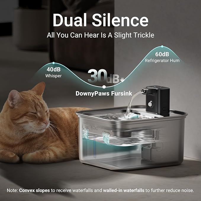 DownyPaws Cat Water Fountain Stainless Steel Wireless, 101 oz/3L FurSink Cordless Water Fountain for Cats, Battery Operated Cat Fountains for Drinking with Motion Sensor, Easy Clean, Metal