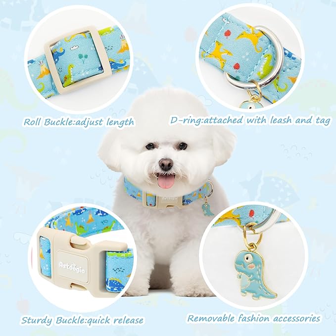 Dinosaur Dog Collar for Extra Small Dogs, Cute Puppy Collars with Quick Release Buckle, Cotton Dog Collars for Small Medium Large Dogs, Fashion Pet Collar for Girl Boy Dog-XS