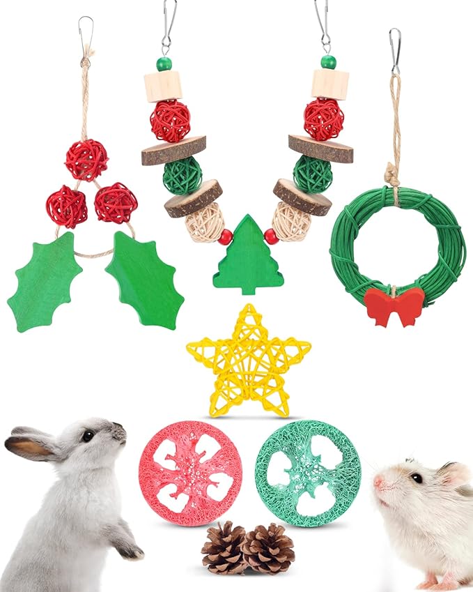Xylolfsty 8PCS Christmas Guinea Pig Toys Xmas Chinchilla Toys Hamster Bunny Rabbit Treats for Teeth Grinding Christmas Decor for Small Pet Cage Christmas pet Accessories Gifts Idea